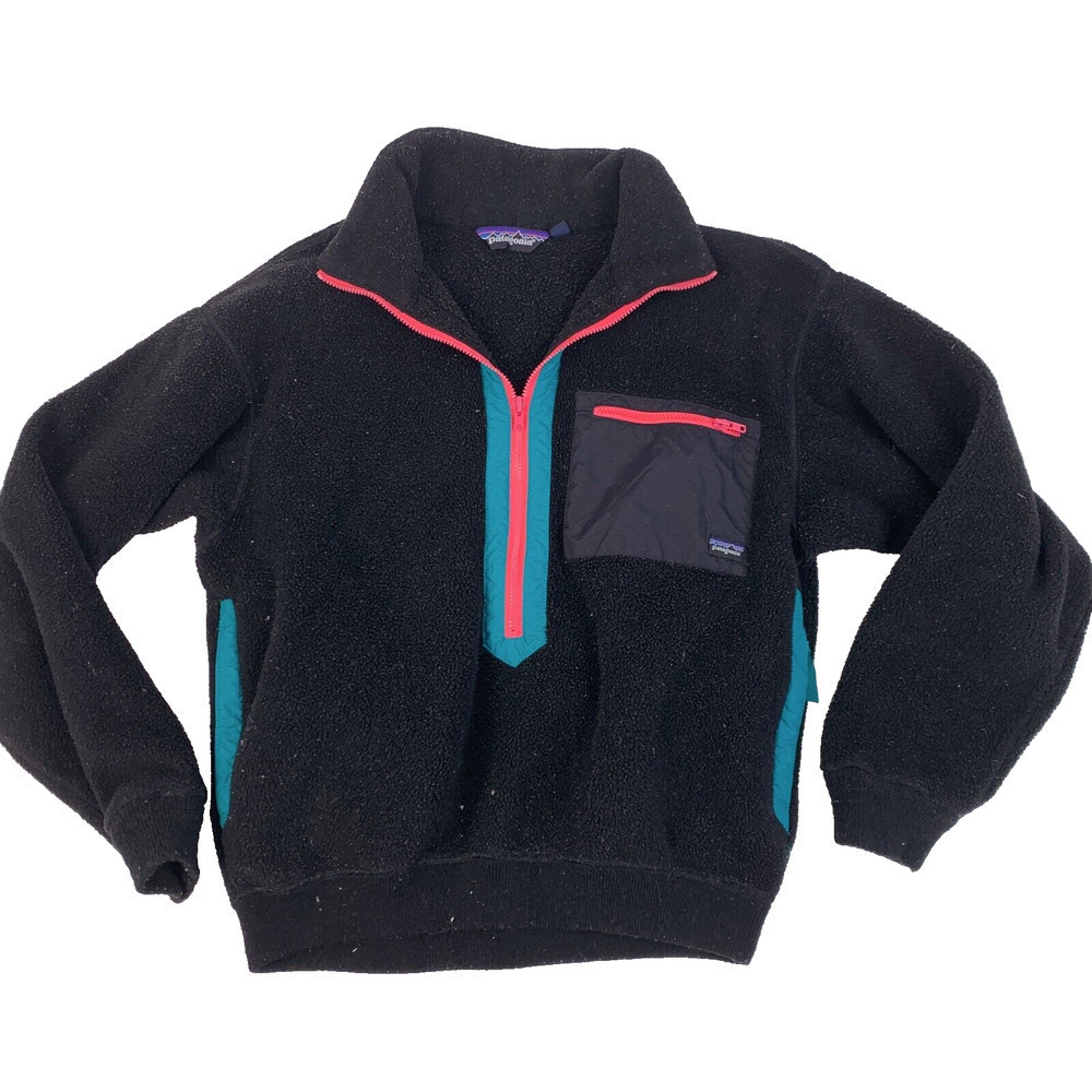 Vintage Patagonia Black Pink Neon Half Zip Fleece Pullover Womens 10 USA 5104